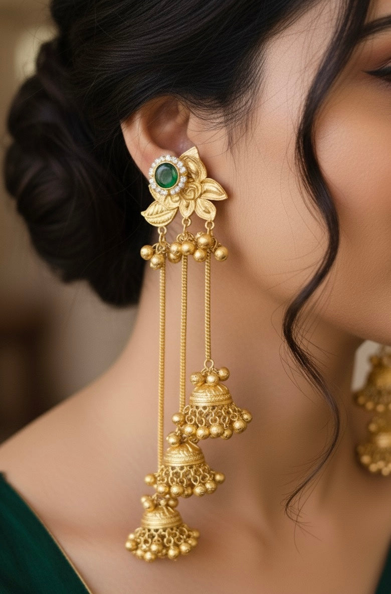 Green Floral Brass Kashmiri Earrings with Jhumki