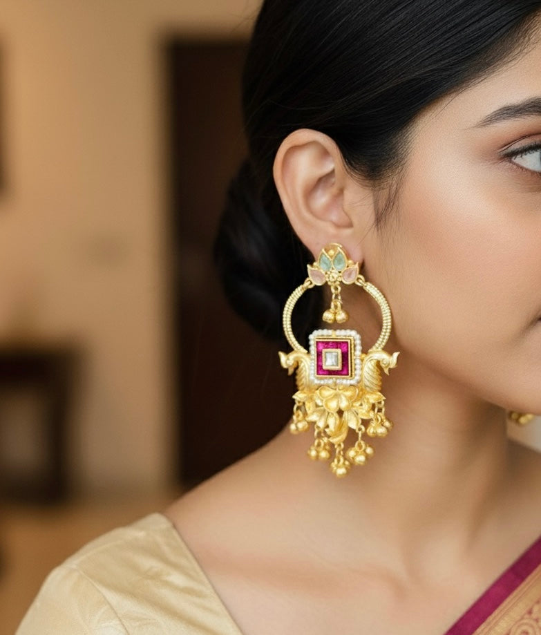 Peacock Design Kashmiri Earrings with Ghungroo