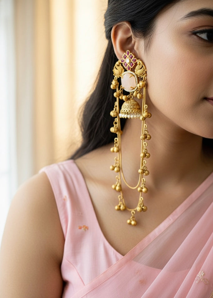 Pink Peacock Double Chain Ghungroo Kashmiri Earring