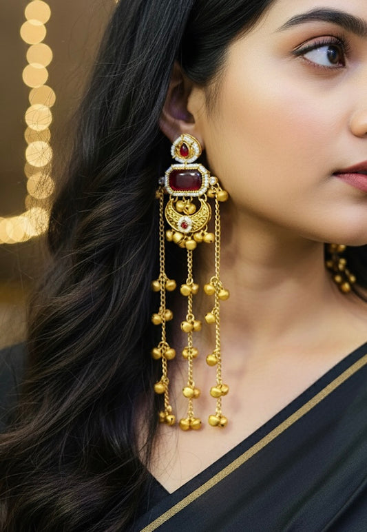 Red Zeba Kashmiri Earring with Ghungroo Chains