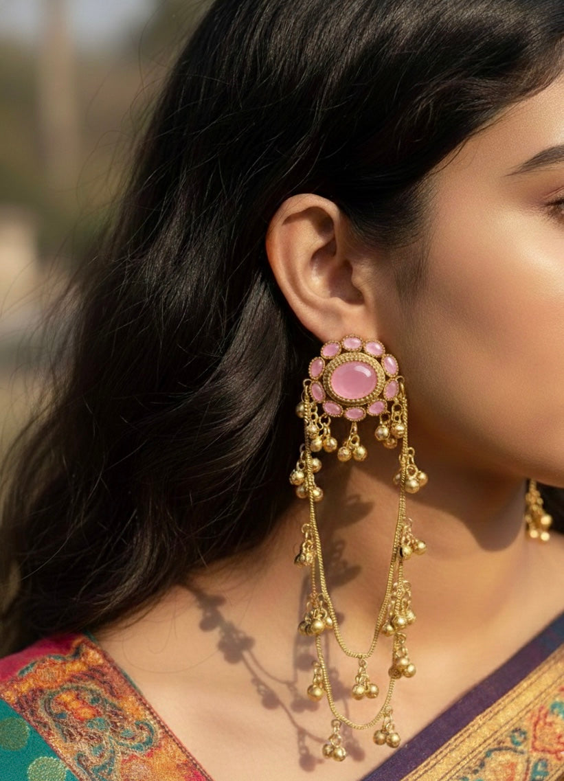 Jannat Brass Kashmiri Earrings with Double Chain Ghungroo