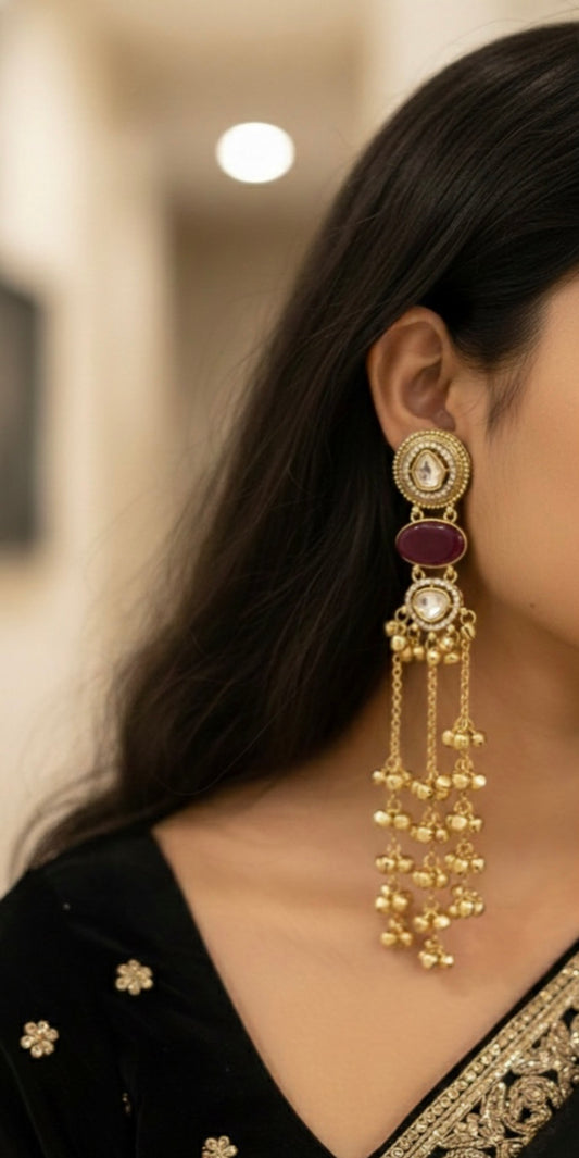 Kundan Stone Long Ghungroo Kashmiri Earrings