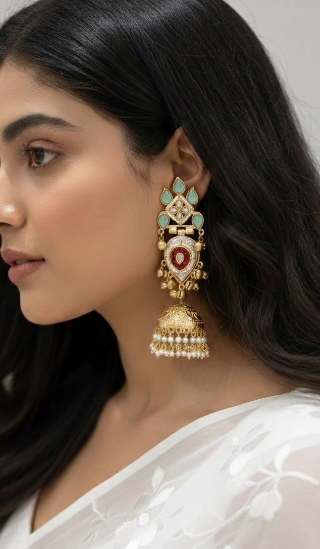 Lotus Flower Brass Kashmiri Earrimg with Pearl Jhumki