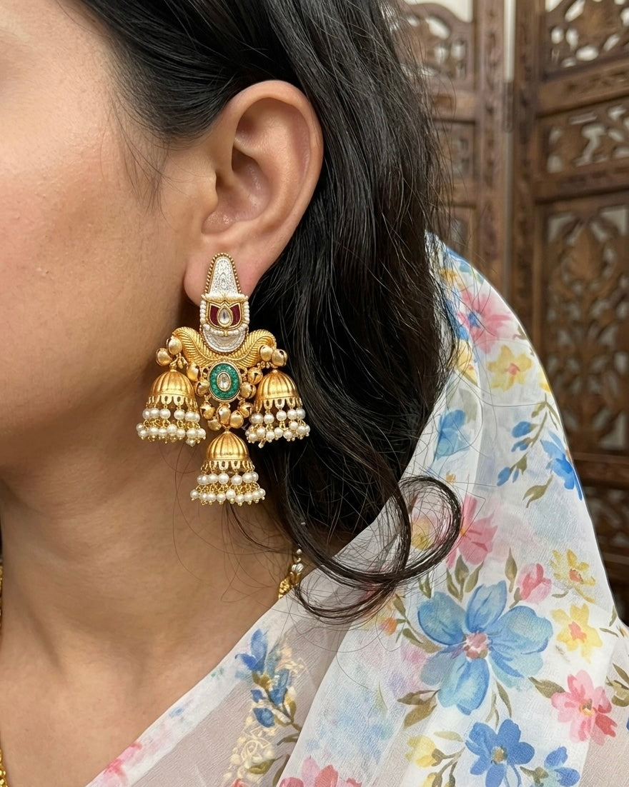 Lotus Brass Kashmiri Earrings with Multi Pearl Jhumki