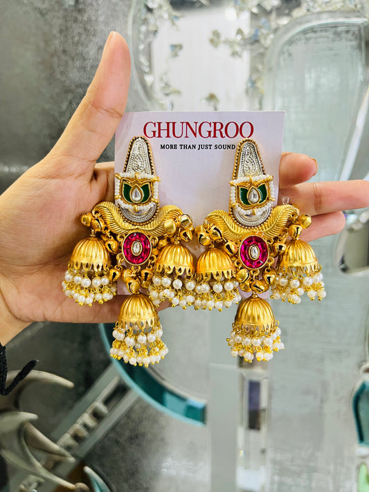 Lotus Brass Kashmiri Earrings with Multi Pearl Jhumki