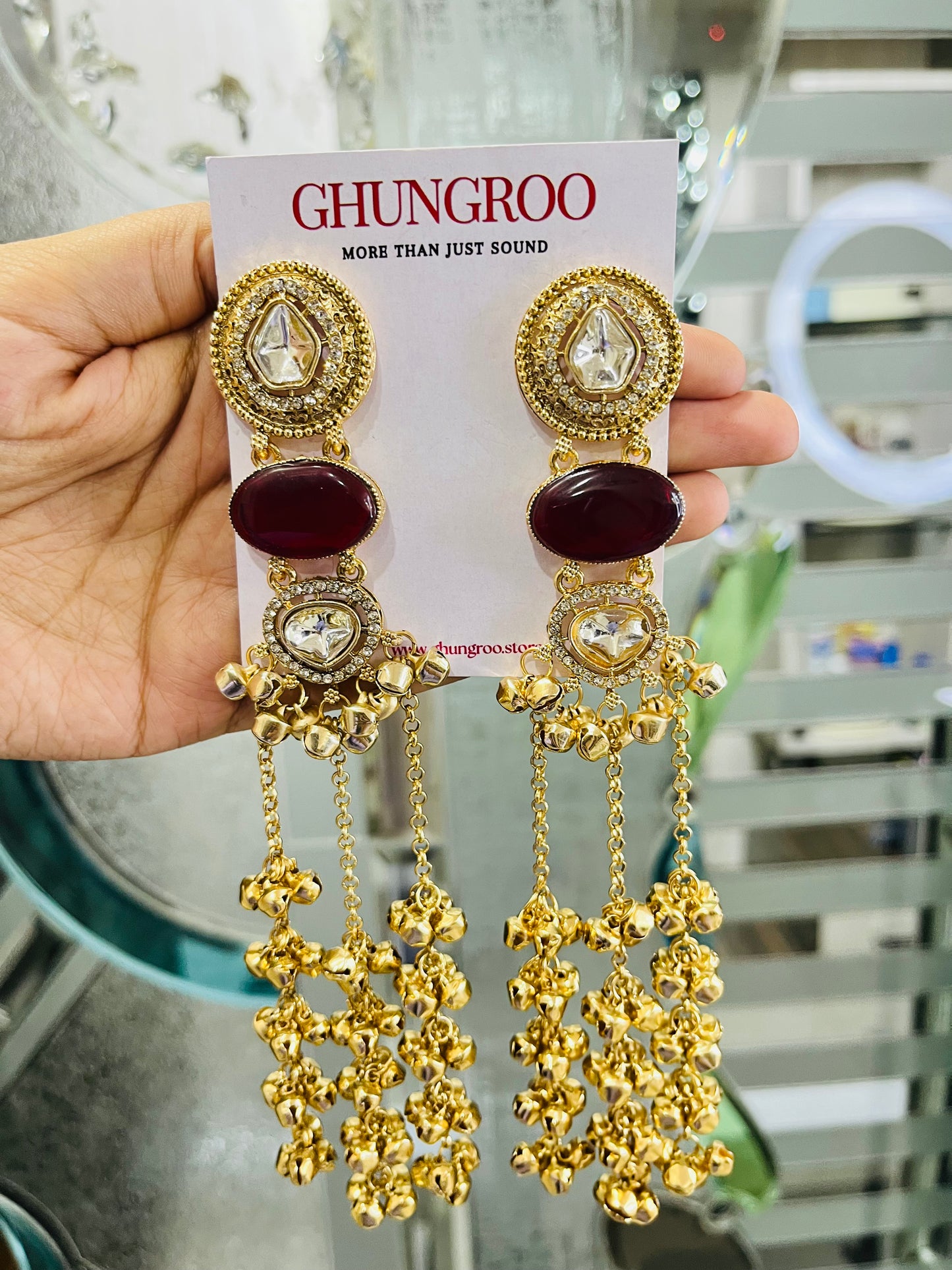 Kundan Stone Long Ghungroo Kashmiri Earrings