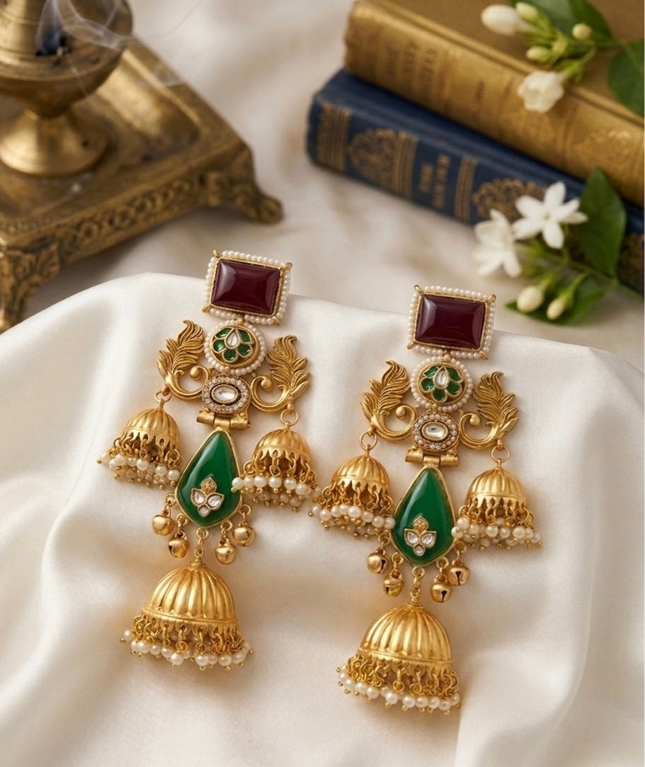 Kundan Stone Three Jhumki Brass Kashmiri Earrings