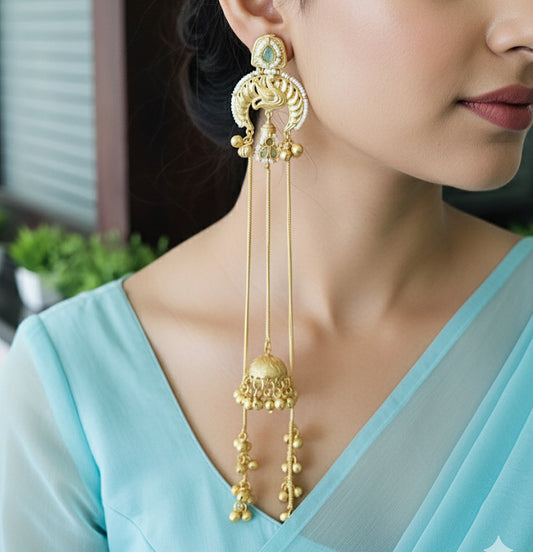 Mint Long Chain Kashmiri Earring with Ghungroo and Jhumki
