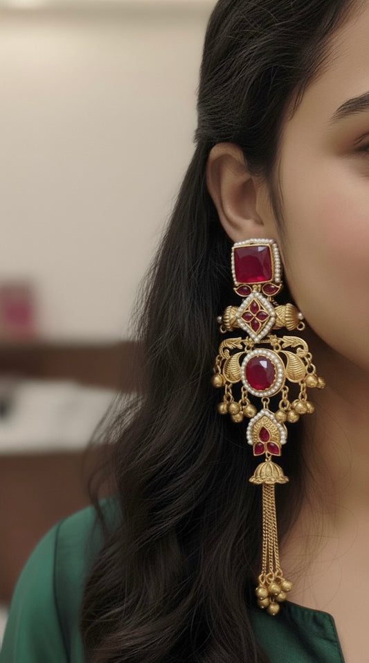 Adaa Brass Kashmiri Earring with Double chain Ghungroo