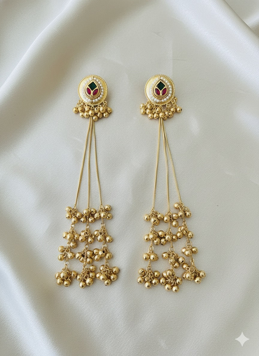Long Pachi Kundan Kashmiri Earring with Ghungroo's