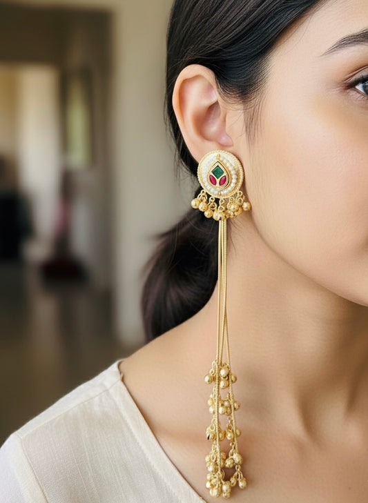 Long Pachi Kundan Kashmiri Earring with Ghungroo's