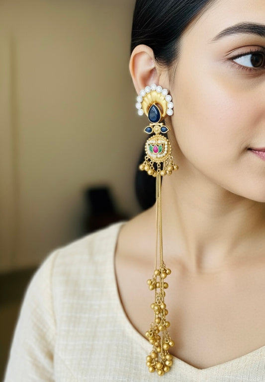 Blue Pachi Kundan Long Kashmiri Ghungroo Earring