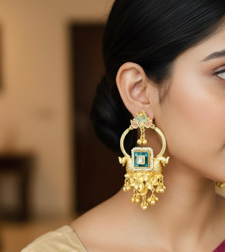 Peacock Design Kashmiri Earrings with Ghungroo