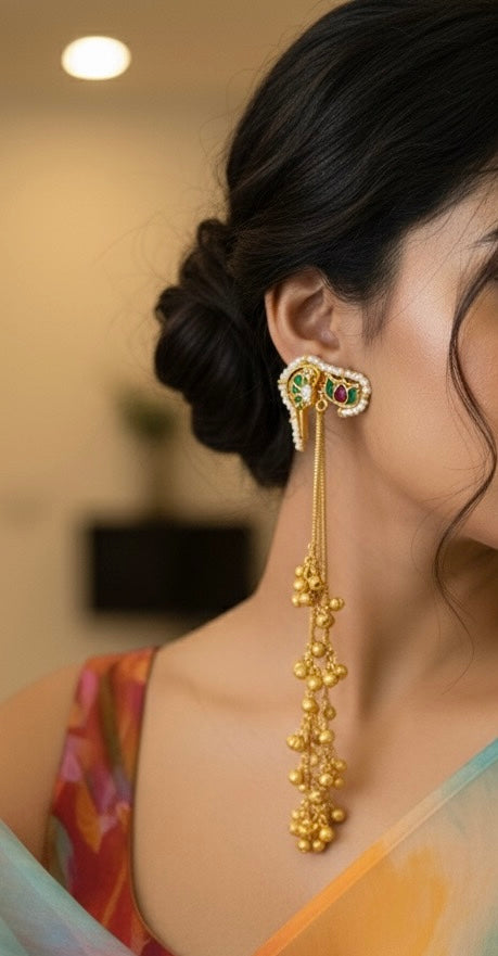 Pachi Kundan Long Kashmiri Earring with 3 Chains
