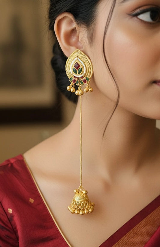 Pachi Kundan Kashmiri Earrings with Single Chain and Jhumki