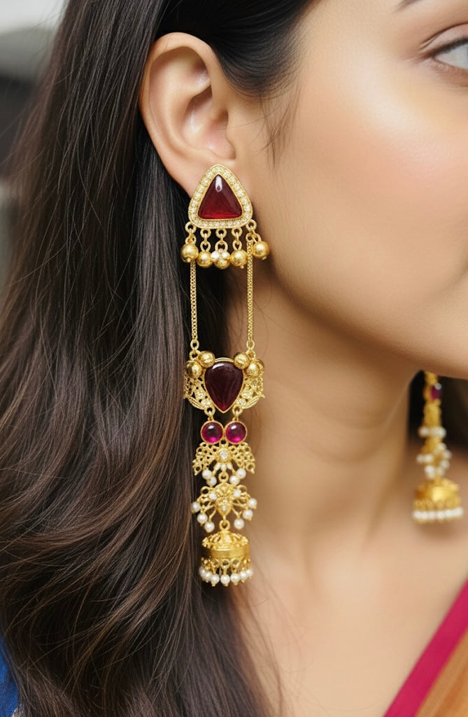 Kashmiri Long Drop Earring with Pearl Jhumki