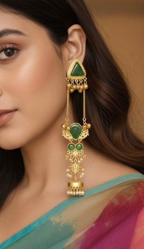 Kashmiri Long Drop Earring with Pearl Jhumki