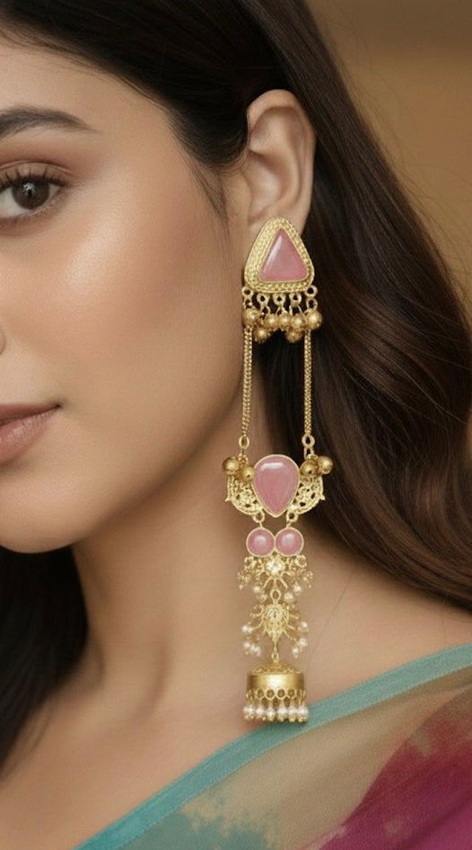 Kashmiri Long Drop Earring with Pearl Jhumki