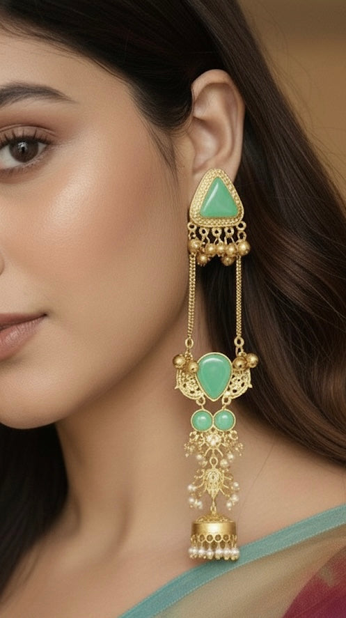 Kashmiri Long Drop Earring with Pearl Jhumki