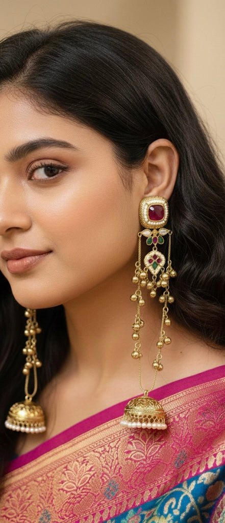 Kundan Stone Long Chain Kashmiri Earring with Ghungroo