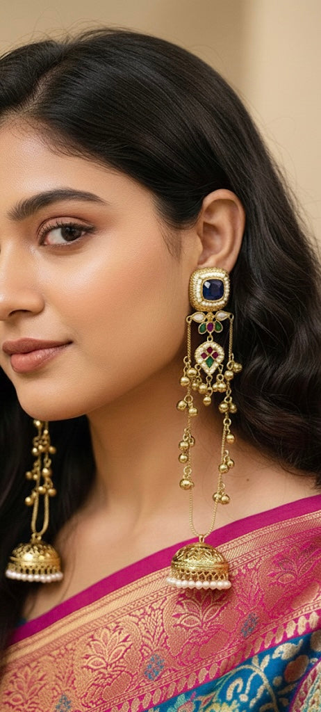 Kundan Stone Long Chain Kashmiri Earring with Ghungroo