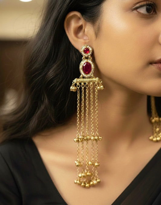 Riwa Kashmiri Earrings with Long chains and Ghungroo's