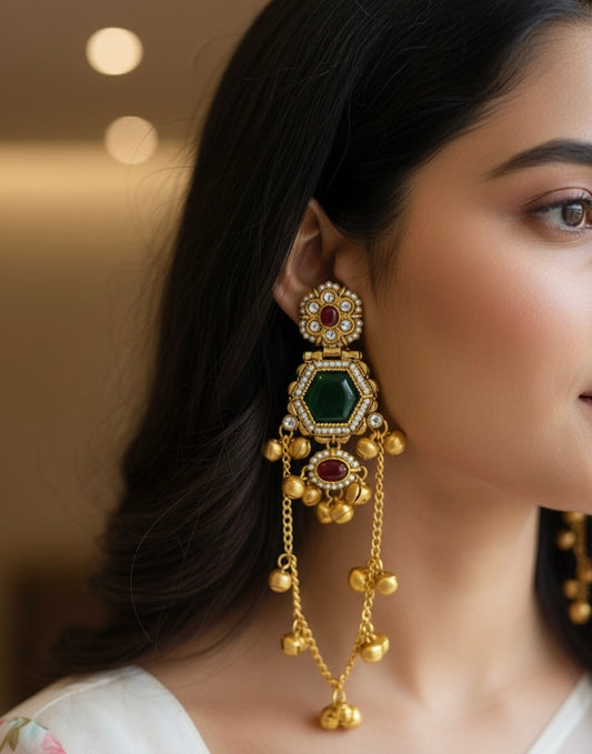 Green and Red Flower Shaped Brass Kashmiri Earring with Single Ghungroo chain