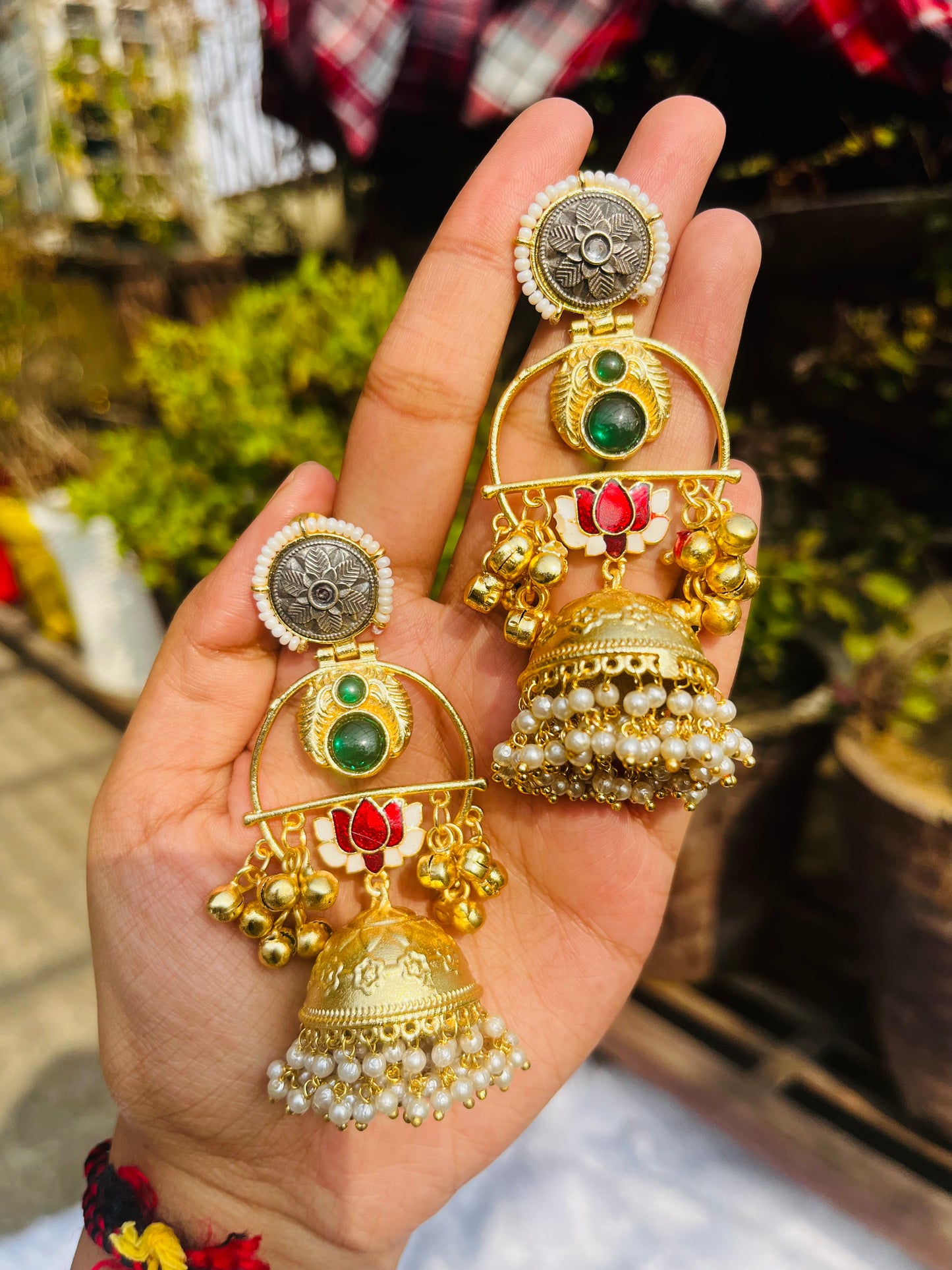 Lotus Flower Kashmiri Jhumka with Pearl Droppings