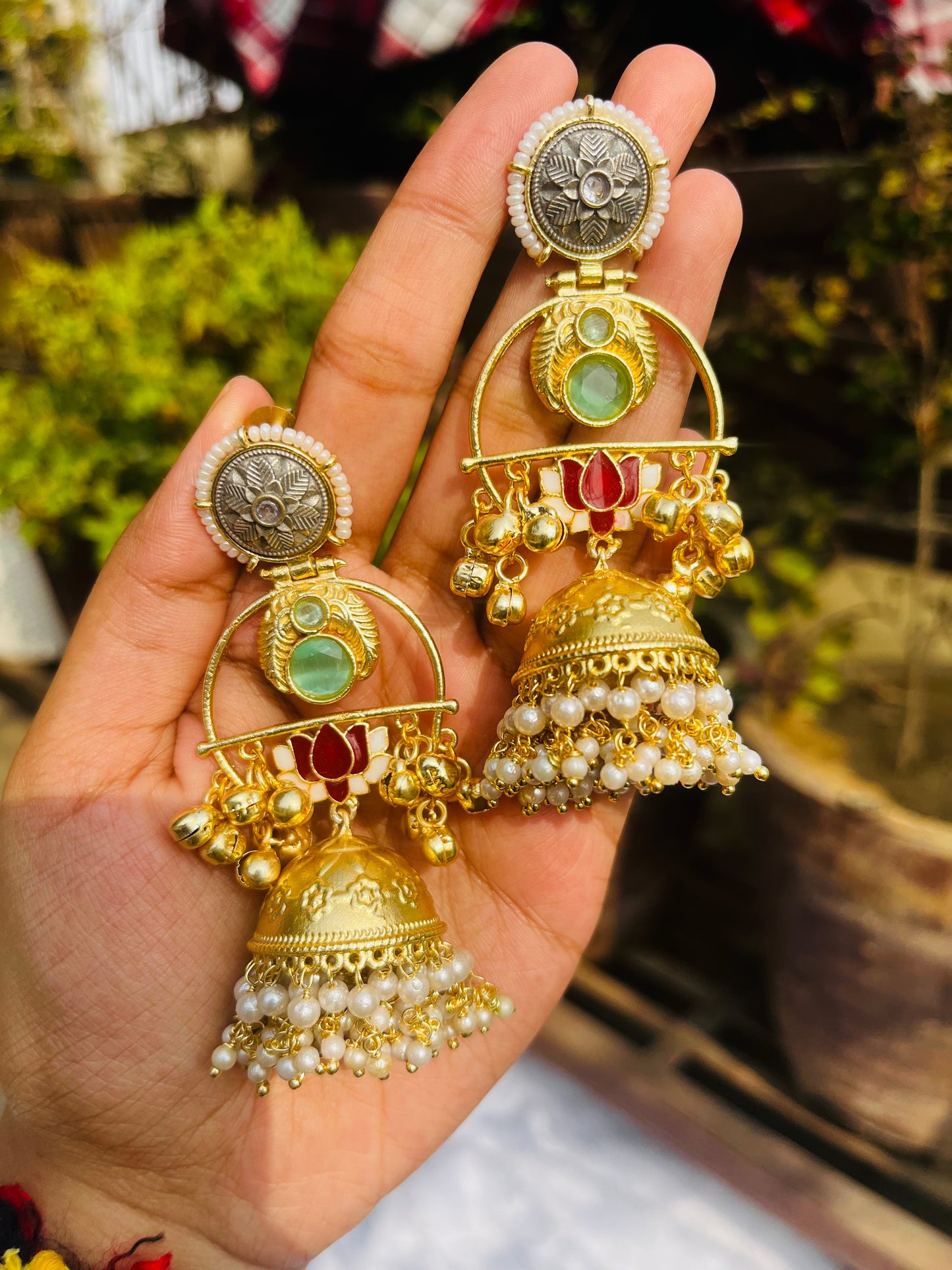 Lotus Flower Kashmiri Jhumka with Pearl Droppings