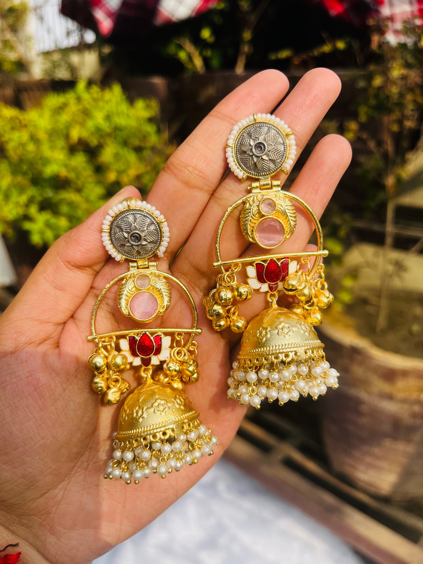 Lotus Flower Kashmiri Jhumka with Pearl Droppings