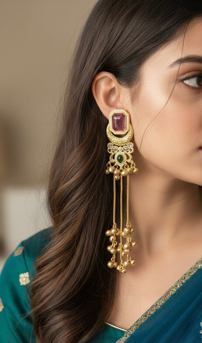 Nyra Chand Kashmiri Earrings with 3 Chain Ghungroo