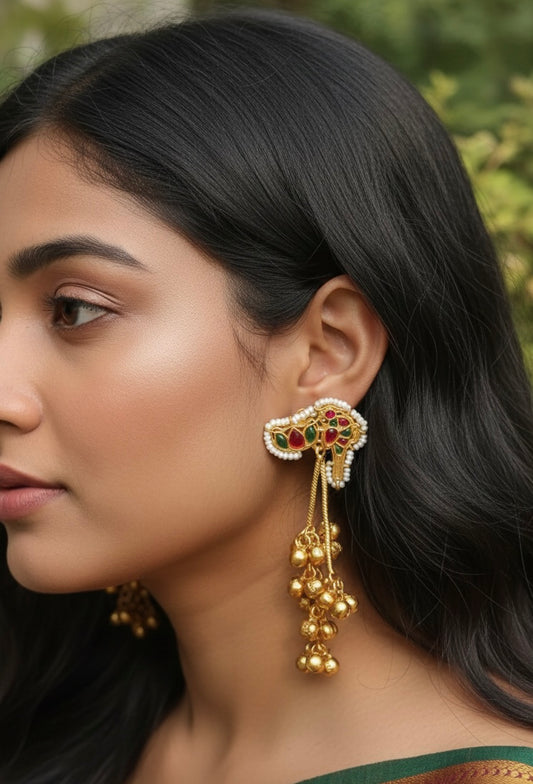 Small Pachi Kundan Kashmiri Earrings with Ghungroo
