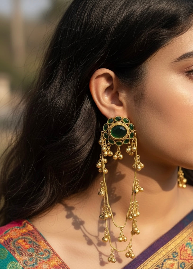 Jannat Brass Kashmiri Earrings with Double Chain Ghungroo