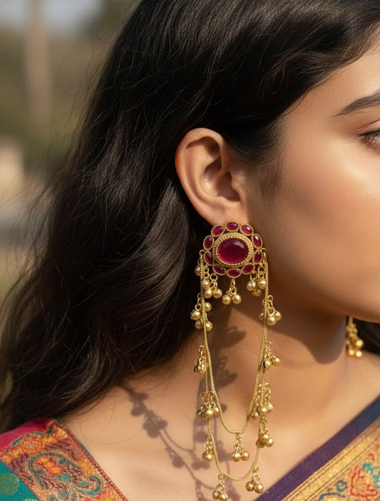 Jannat Brass Kashmiri Earrings with Double Chain Ghungroo
