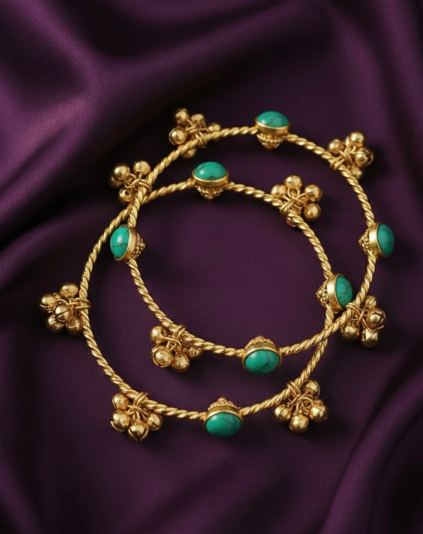 Colored Stone Adjustable Ghungroo Bangles- 2 Bangles/pair