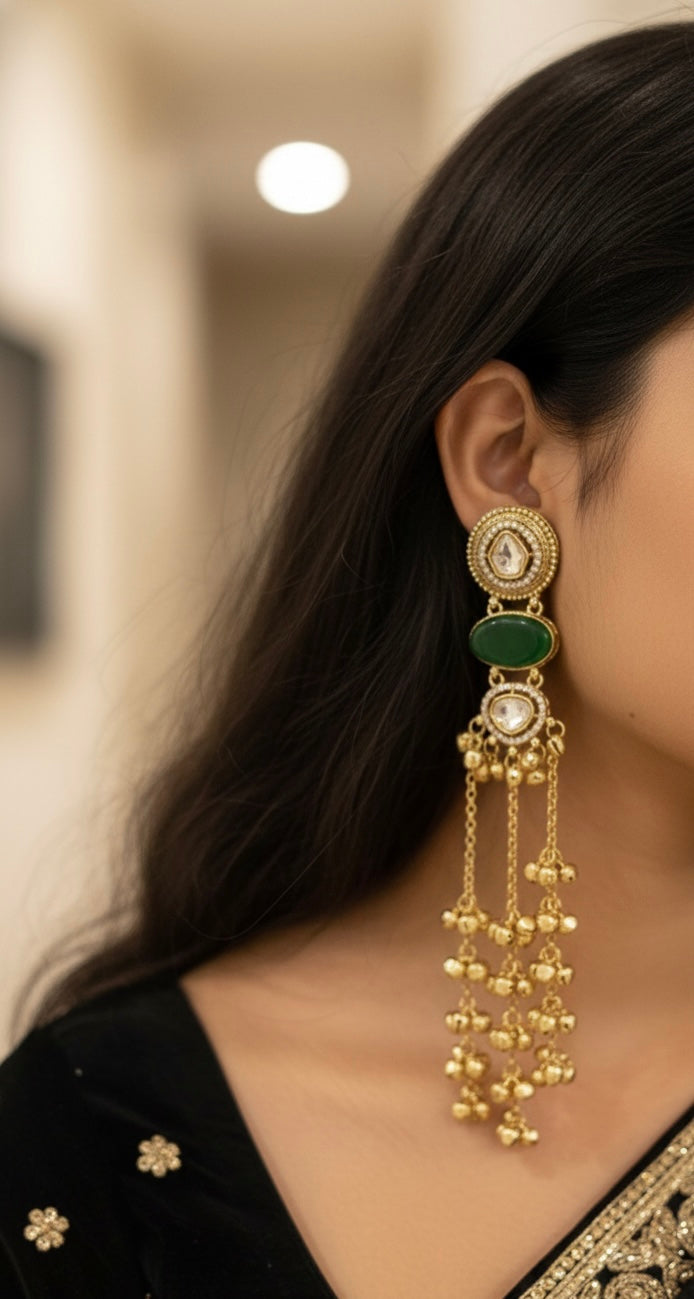 Kundan Stone Long Ghungroo Kashmiri Earrings