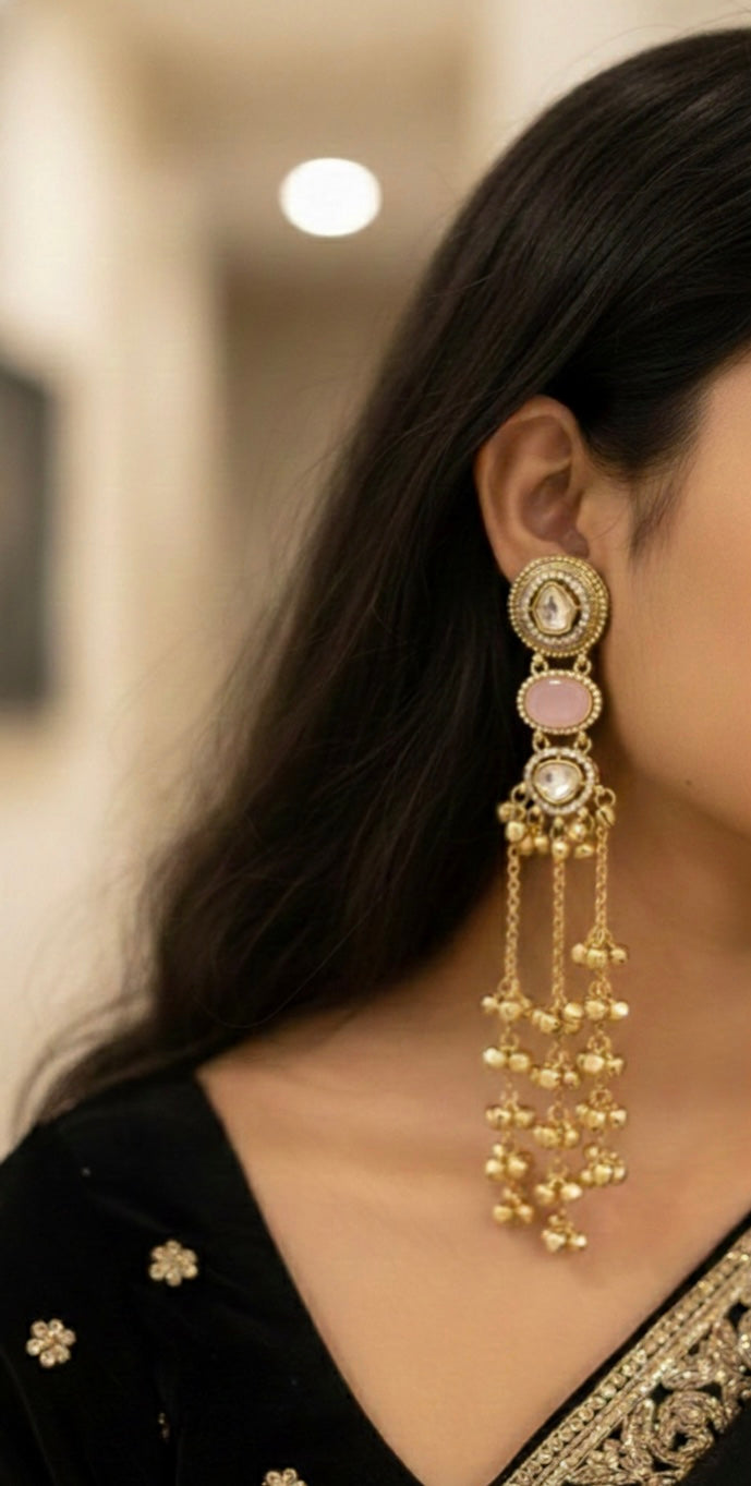 Kundan Stone Long Ghungroo Kashmiri Earrings
