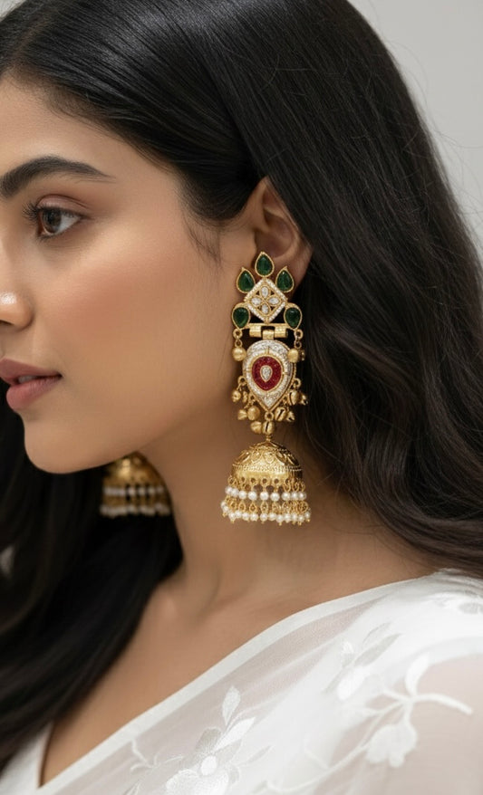 Lotus Flower Brass Kashmiri Earrimg with Pearl Jhumki