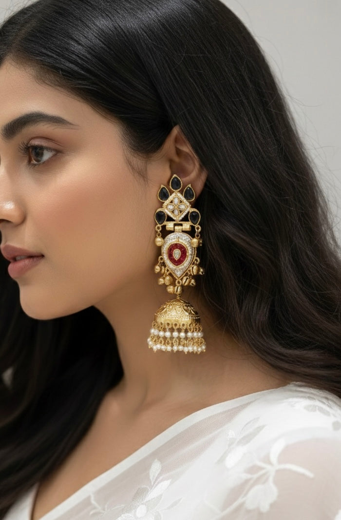 Lotus Flower Brass Kashmiri Earrimg with Pearl Jhumki