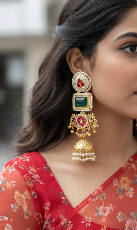Silver Oxidised with Green Stone Brass Jhumki Kashmiri Earrings