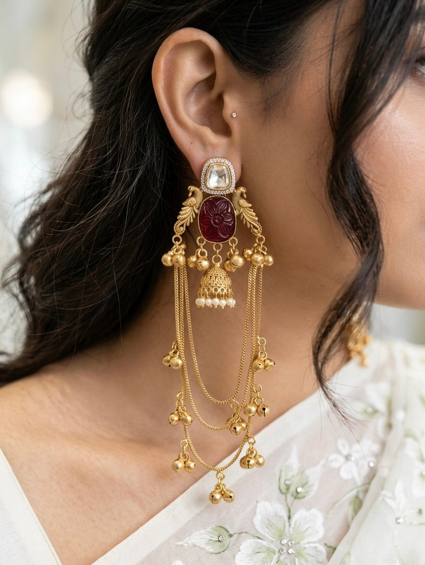 Peacock Design Triple Chain Ghungroo Kashmiri Earring