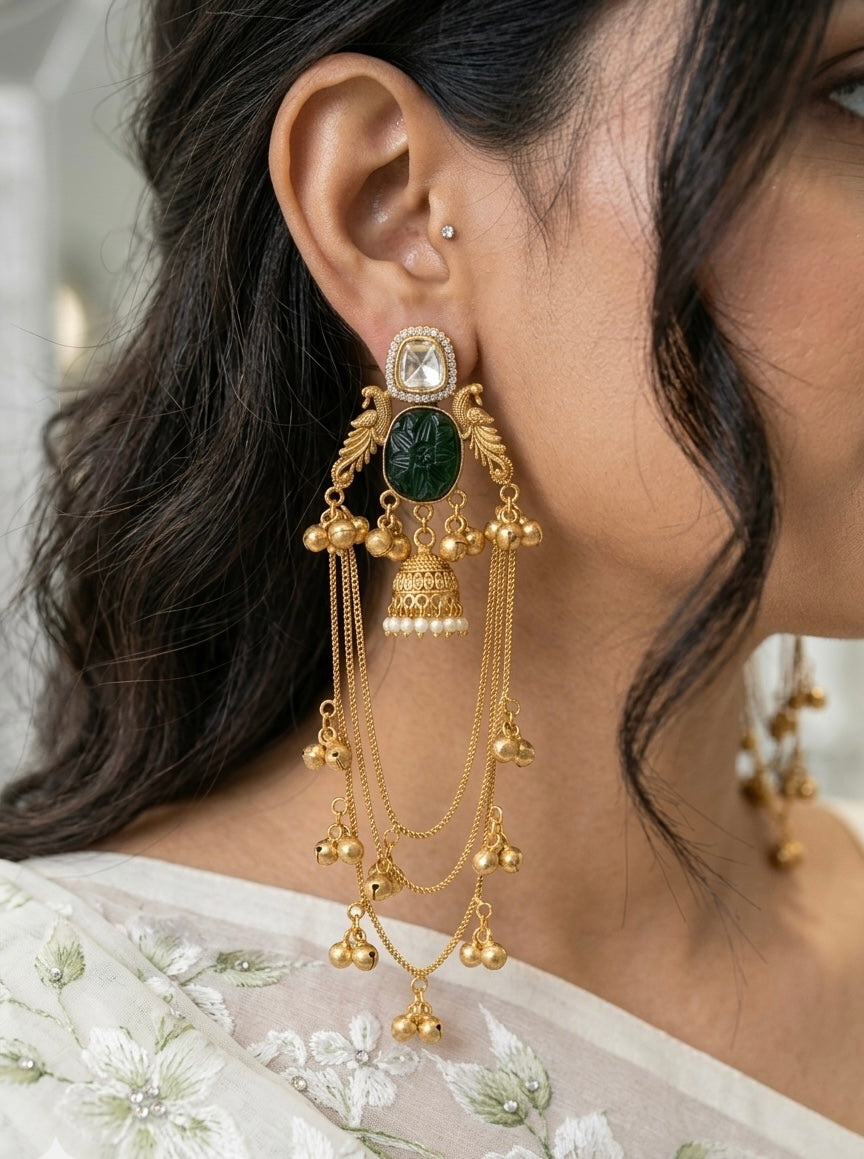 Peacock Design Triple Chain Ghungroo Kashmiri Earring
