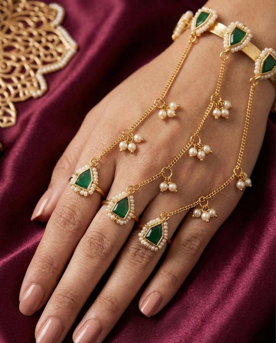 Green Stone💚- Brass Hathphool in Pair