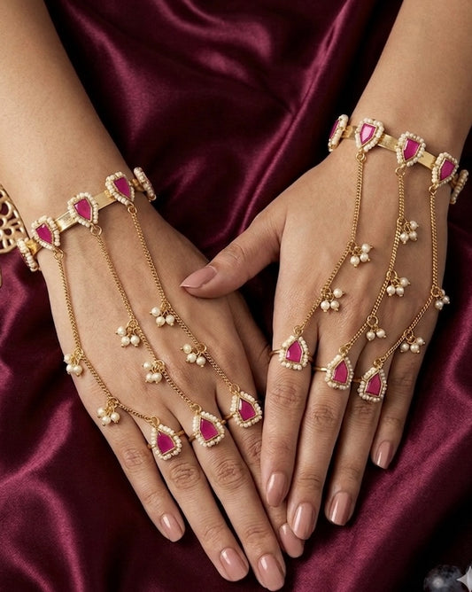 Pink Stone🩷- Brass Hathphool in Pair