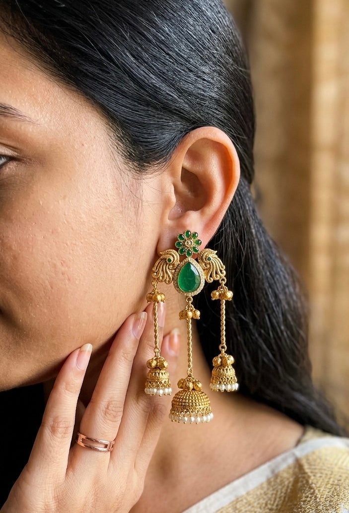 Peacock🦚 Brass Kashmiri Earrings with 3 Chain and Jhumki