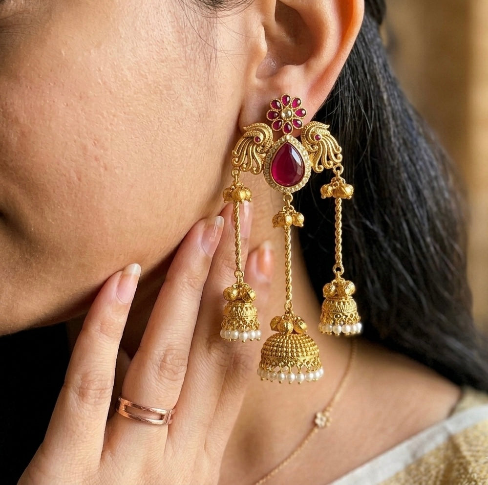 Peacock🦚 Brass Kashmiri Earrings with 3 Chain and Jhumki
