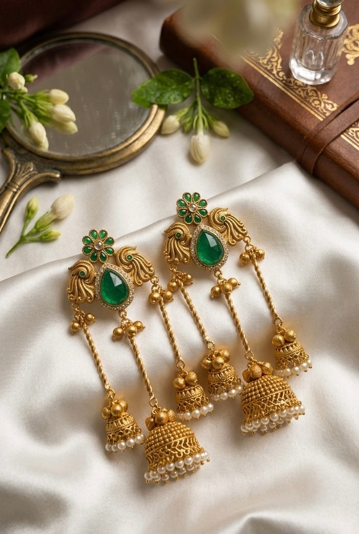 Peacock🦚 Brass Kashmiri Earrings with 3 Chain and Jhumki