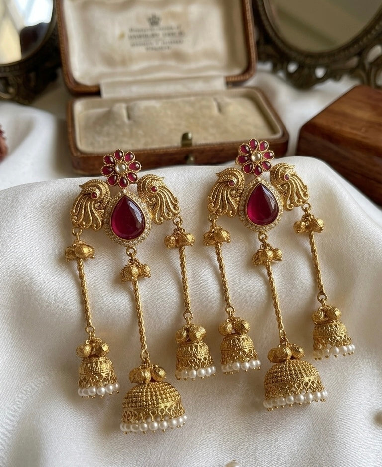 Peacock🦚 Brass Kashmiri Earrings with 3 Chain and Jhumki