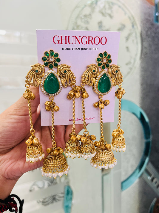 Peacock🦚 Brass Kashmiri Earrings with 3 Chain and Jhumki