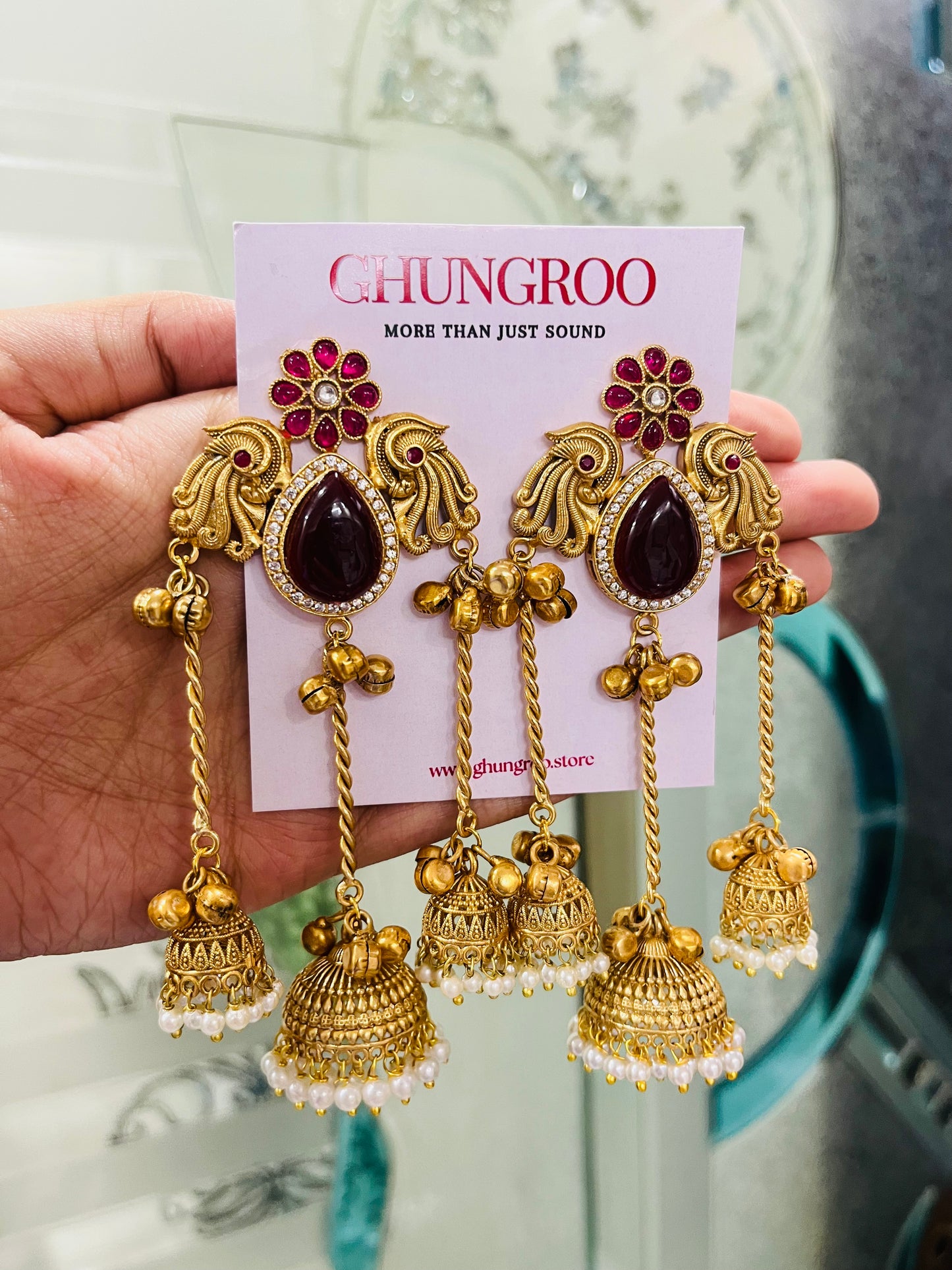Peacock🦚 Brass Kashmiri Earrings with 3 Chain and Jhumki